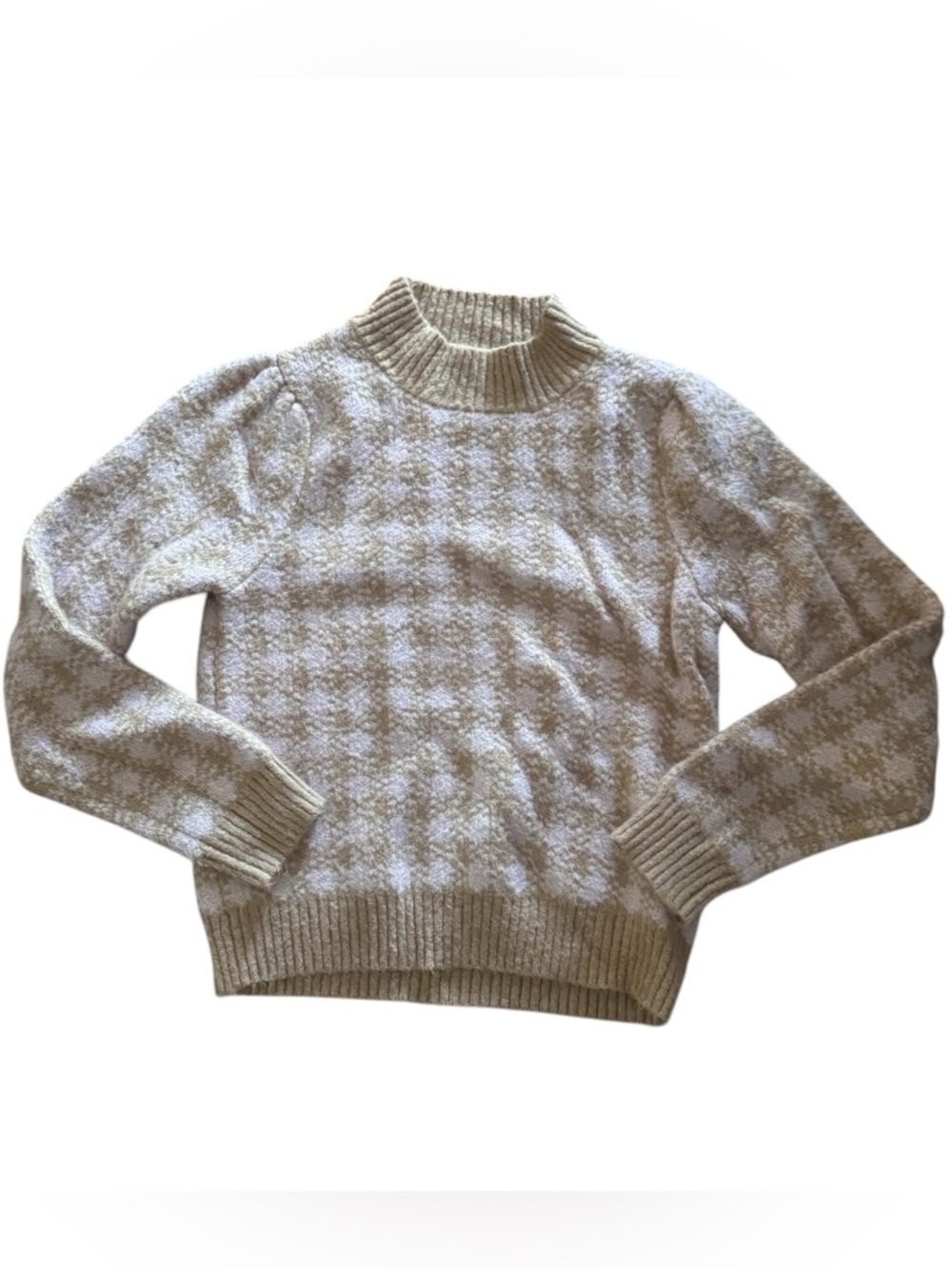 Audele Women’s Cream Check Mock Neck Sweater, Size Small, Preppy, Cozy